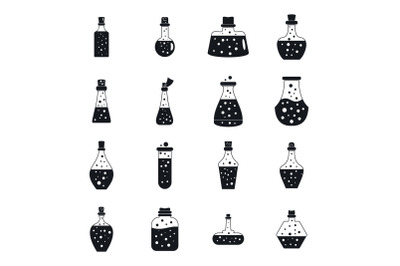 Potion magic bottle icons set, simple style