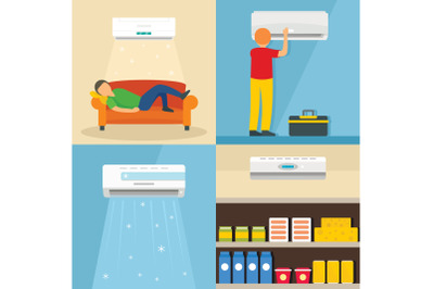 Conditioner air banner concept set, flat style