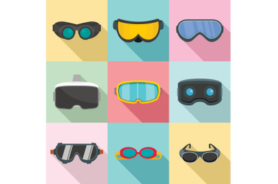 Goggles ski glass mask icons set, flat style