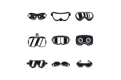 Goggles ski glass mask icons set, simple style