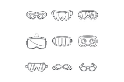 Goggles ski glass mask icons set, simple style