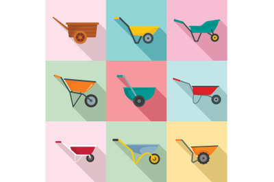 Wheelbarrow garden plant icons set, flat style