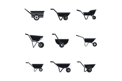 Wheelbarrow garden plant icons set, simple style