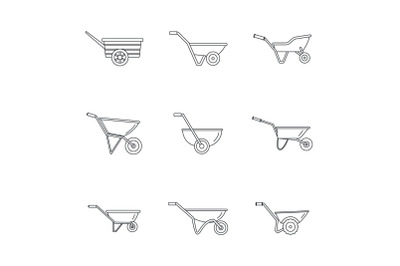 Wheelbarrow garden plant icons set, outline style