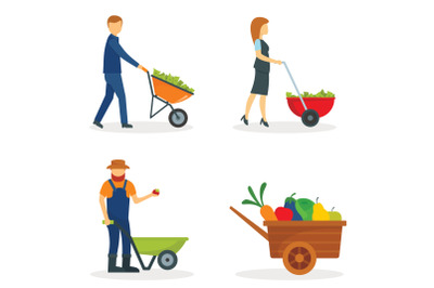 Wheelbarrow garden plant yard concept set, flat style