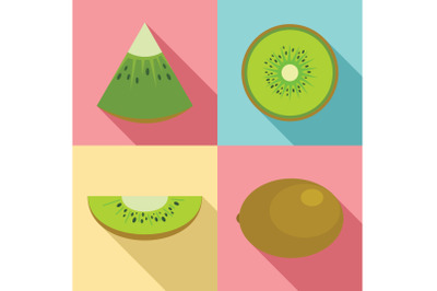 Kiwi fruit food slice icons set, flat style