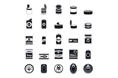 Tin can food package jar icons set, simple style