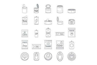 Tin can food package jar icons set, outline style