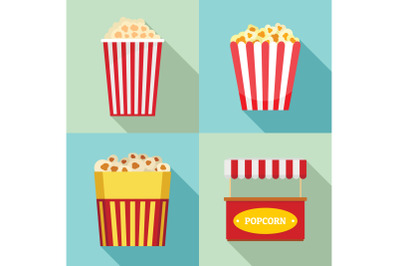 Popcorn cinema box striped icons set, flat style