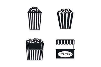 Popcorn cinema box striped icons set, simple style