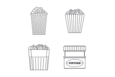 Popcorn cinema box icons set, outline style