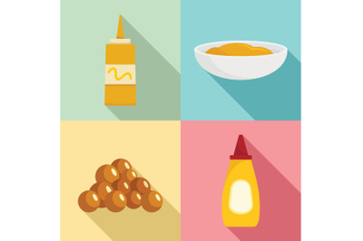 Mustard seeds sauce bottle icons set, flat style