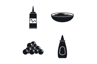 Mustard seeds sauce bottle icons set, simple style