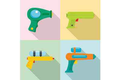 Squirt gun water pistol game icons set, flat style