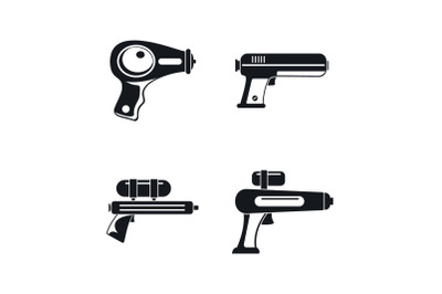 Squirt gun water pistol icons set, simple style