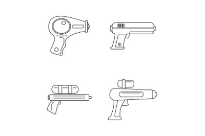 Squirt gun water pistol icons set, outline style