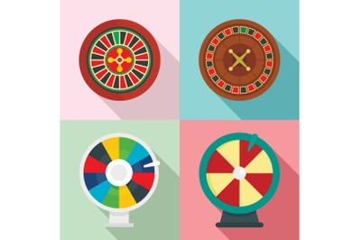 Roulette wheel fortune icons set, flat style