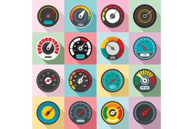 Speedometer level indicator icons set, flat style