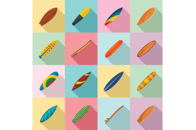 Surfboard surf board icons set, flat style