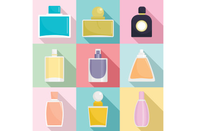 Fragrance bottles perfume icons set, flat style