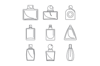 Fragrance bottles perfume icons set, outline style