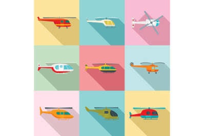 Helicopter military aircraft icons set, flat style