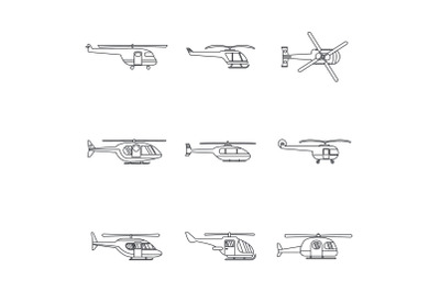 Helicopter military icons set, outline style