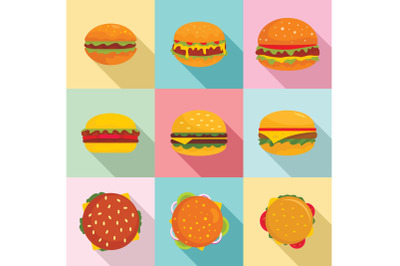 Burger sandwich bread bun icons set, flat style