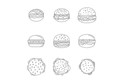 Burger sandwich bread bun icons set, outline style