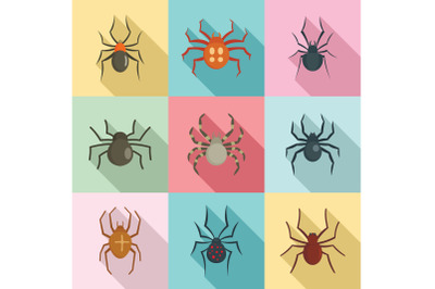 Spider bug caterpillar icons set, flat style