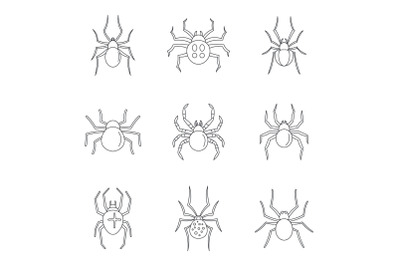 Spider bug caterpillar icons set, outline style