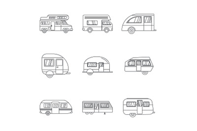 Motorhome car trailer icons set, outline style