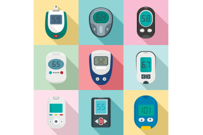 Glucose meter sugar test icons set, flat style