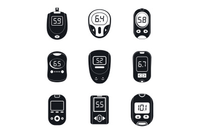 Glucose meter sugar test icons set, simple style