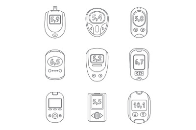 Glucose meter sugar test icons set, outline style