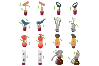 Corkscrew wine opener icons set, isometric style