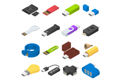 USB flash drive icons set, isometric style