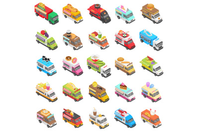 Food truck transport icons set, isometric style