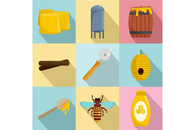 Honey production icons set, flat style