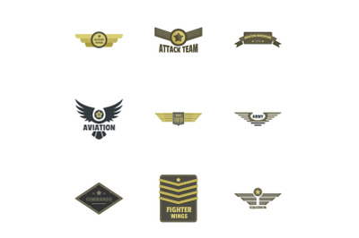 Military badge icons set, flat style