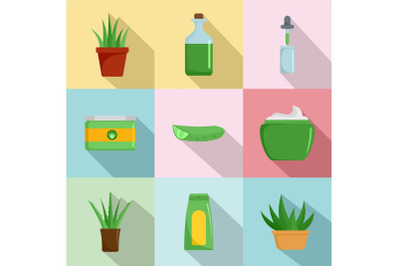 Aloe vera icons set, flat style