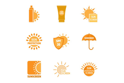 Sunscreen icons set, simple style