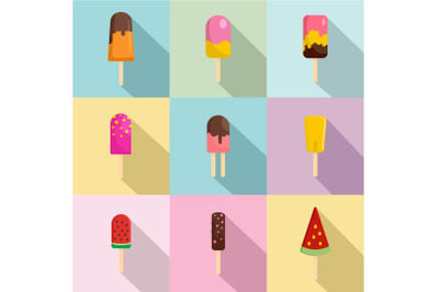 Tasty sundae icons set, flat style