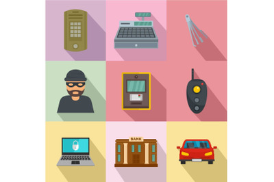 Robbery icons set, flat style