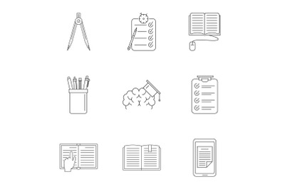 School tool icons set, outline style