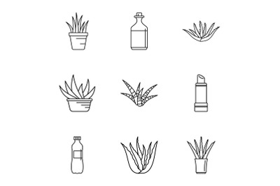 Aloe juice icons set, outline style
