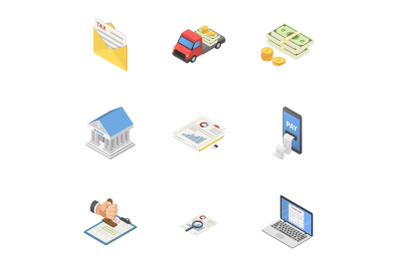 Cash delivery icons set, isometric style