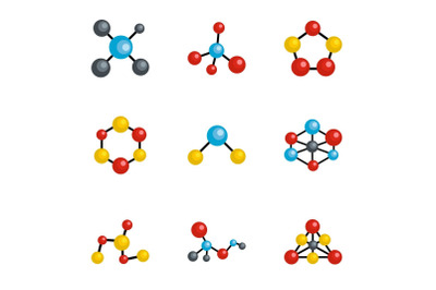 Molecule icons set, cartoon style