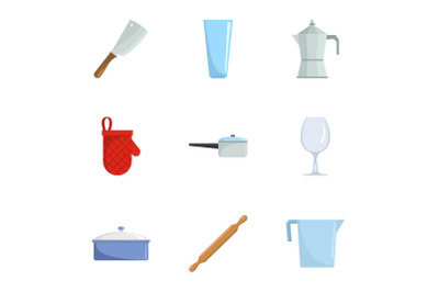 Kitchenware icons set, cartoon style