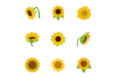 Sunflower icons set, cartoon style